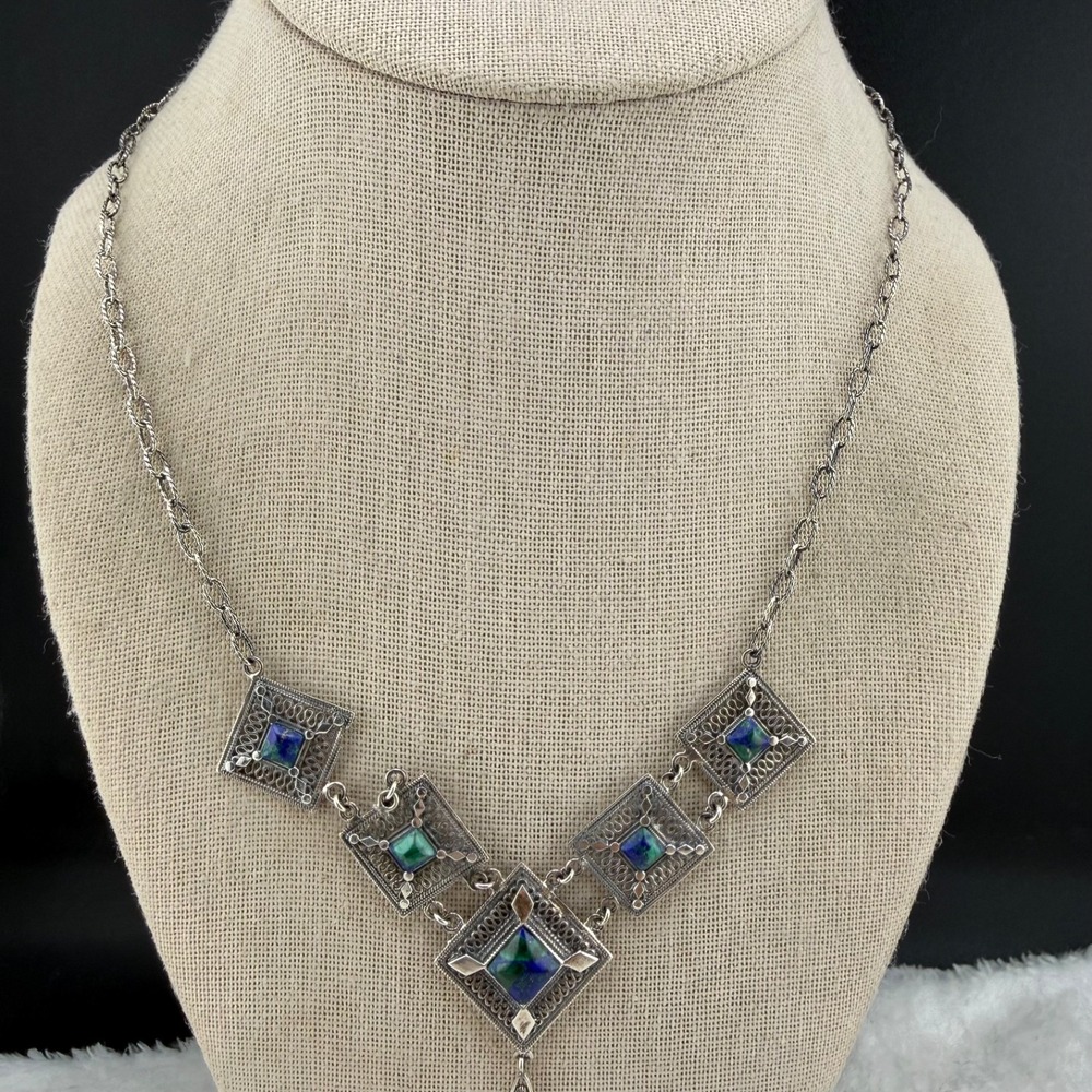 Vintage Estate Necklace Silver Filigree Blue Green Stone 18in